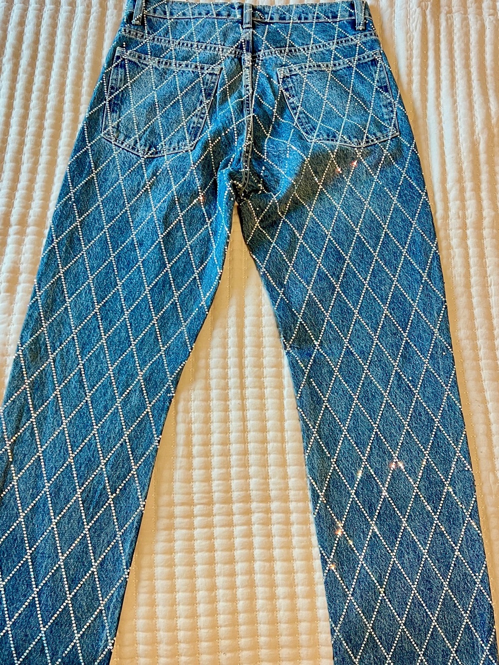 Zara Blue Denim Jeans with White Diamond Stud Pattern - Picture 3 of 5